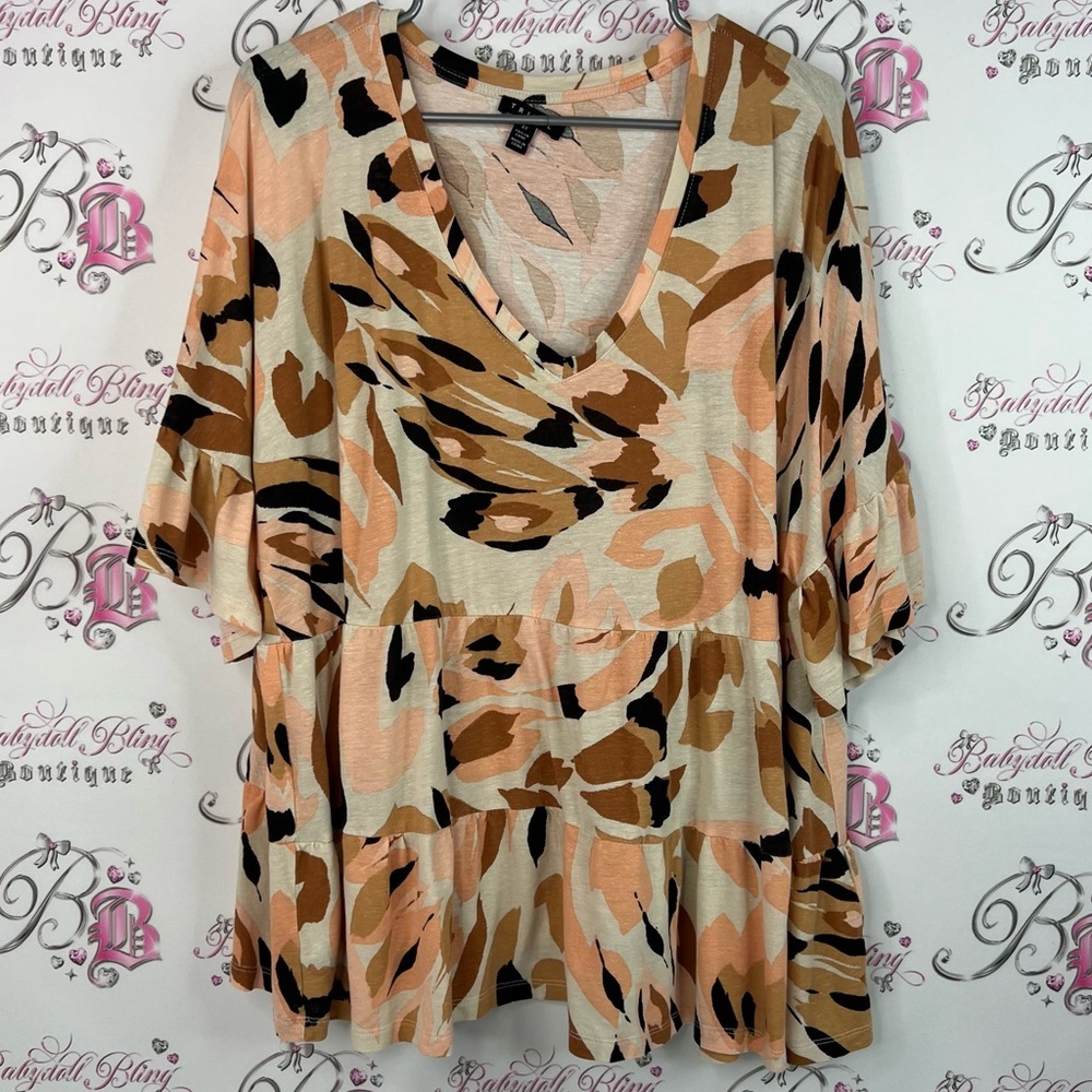 Tribal short sleeve tshirt floral leafs Women's V-Neck Blouse Peach and Black
